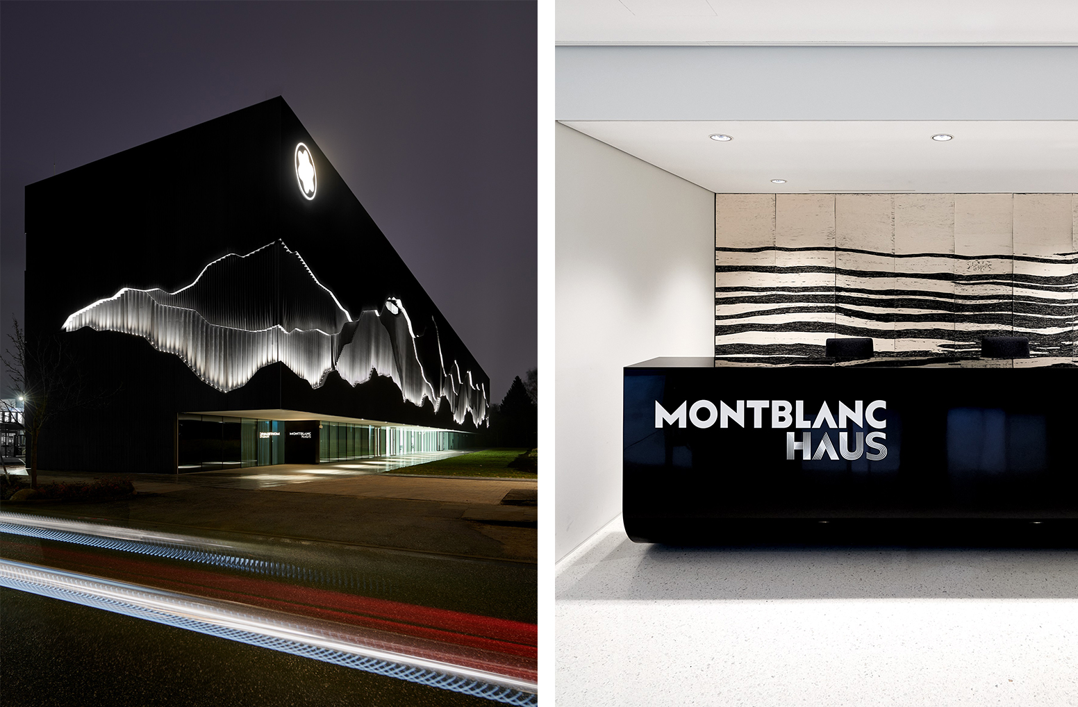 Montblanc Haus, Amburgo. All'interno dell'iconico edificio (sinistra), dettaglio del banco reception in Corian<sup>®</sup> Deep Nocturne (destra) con finitura lucida a specchio. Design Projectiles; realizzazione Crea Diffusion; immagini di Daniel Schafer; tutti i diritti riservati.